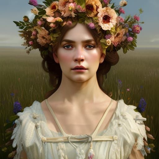 Midsommar May Queen floral costume, female model, detailed e...