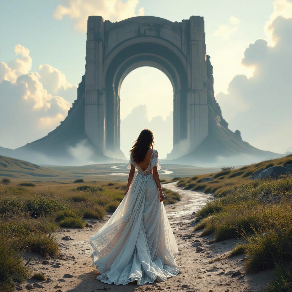 Woman Walks to Portal in Hyperrealistic Digital Art Style