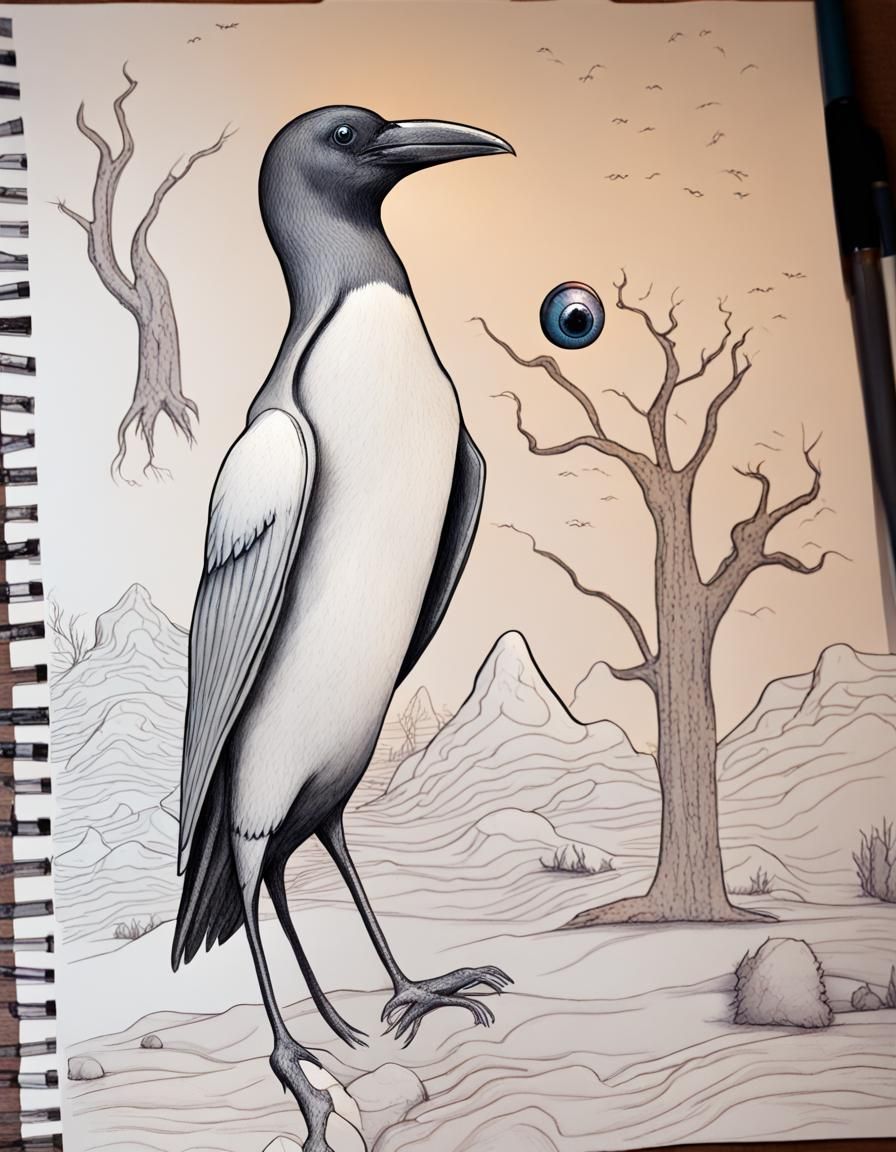 A sketch of a crow penguin hybrid in a surreal landscape with trees that have eyeballs and worms the crow is the top par...