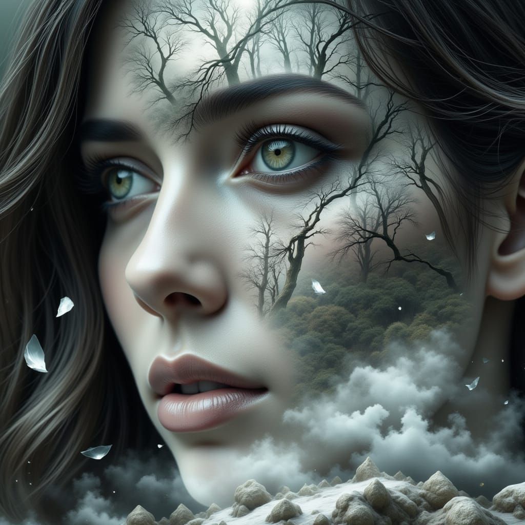 Shattered Reflection: Double Exposure Portrait of Woman