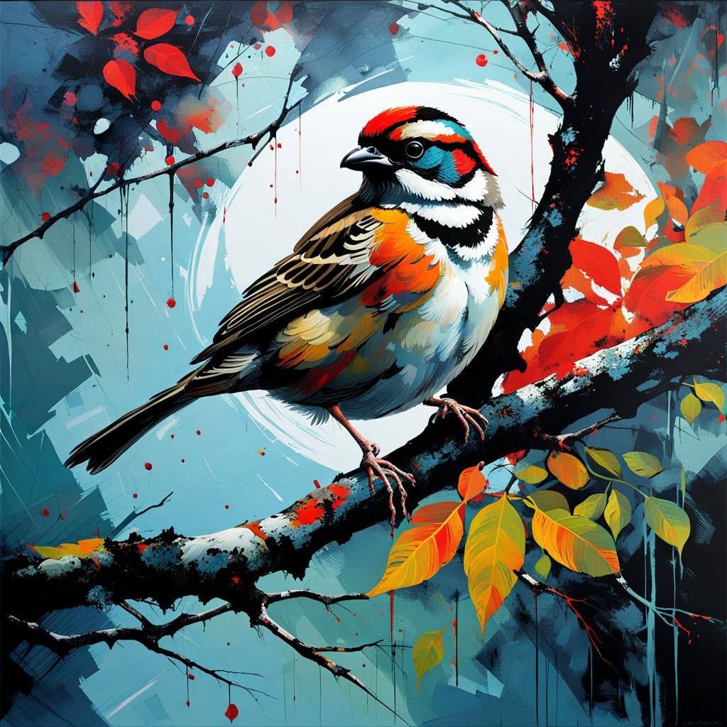 Sparrow in Treetop with Rococo Pattern, Impasto Style