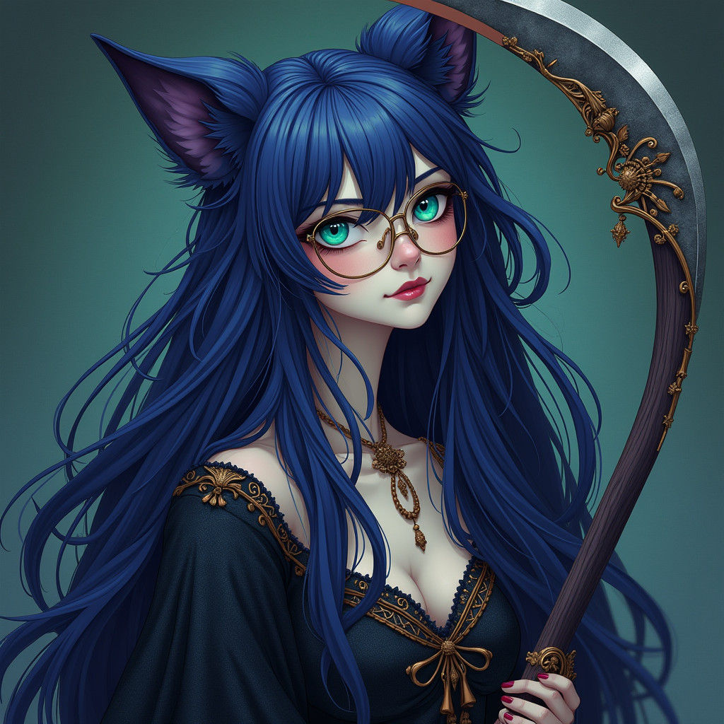 Elegant Kitsune Woman with Scythe, Art Nouveau Style