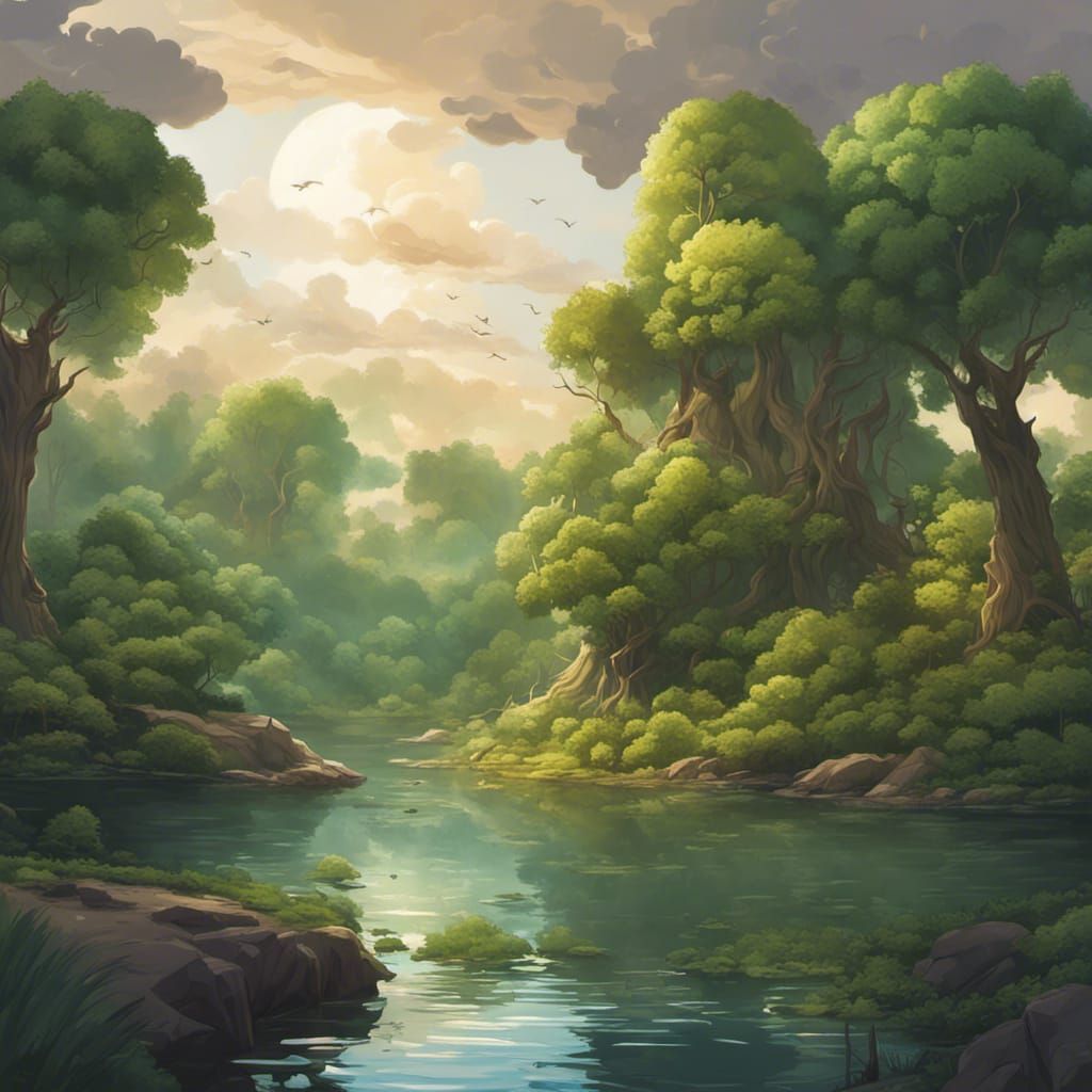 Forest River Sunrise in Disney Cartoon Style
