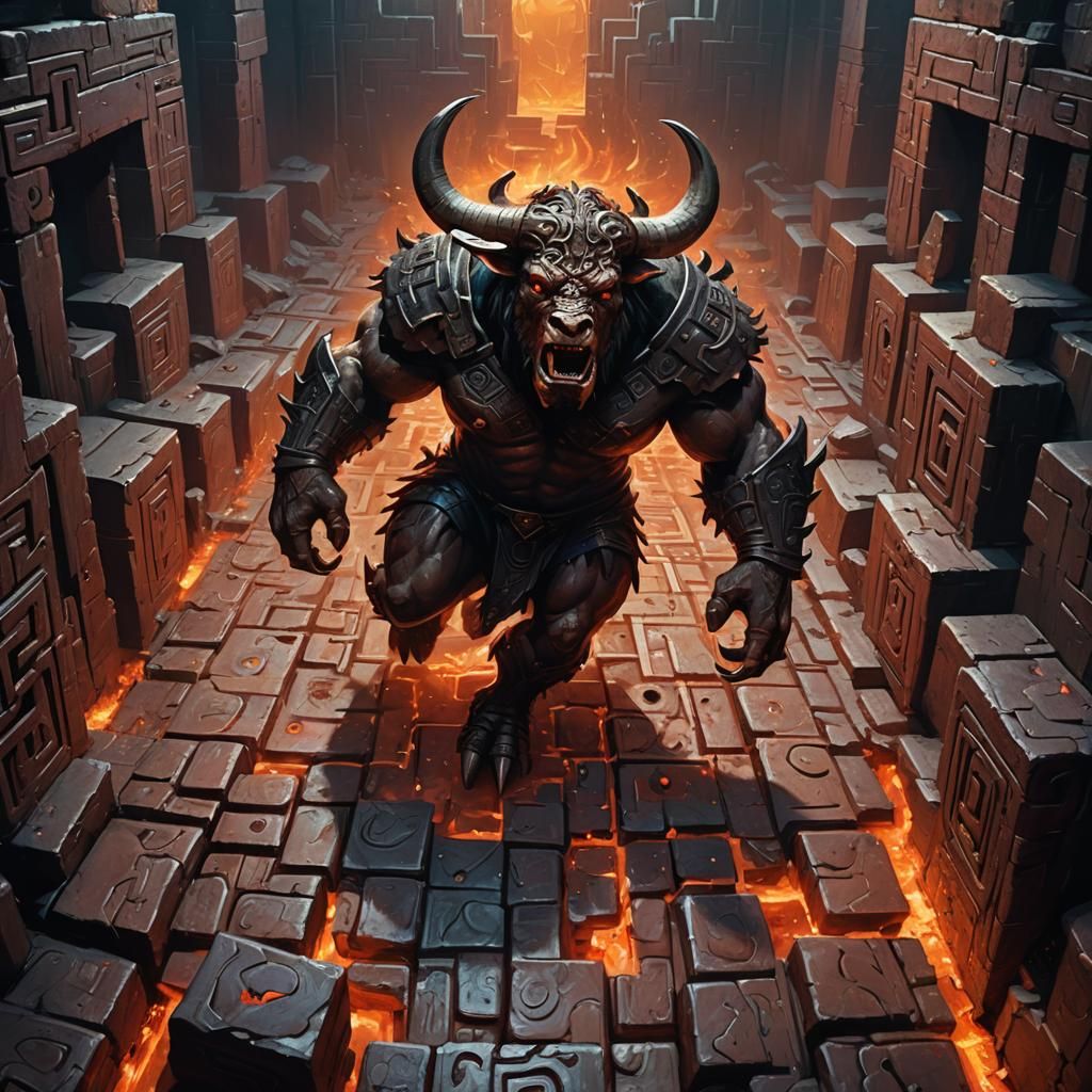Vicious Minotaur in Maze: Dark Fantasy Concept Art