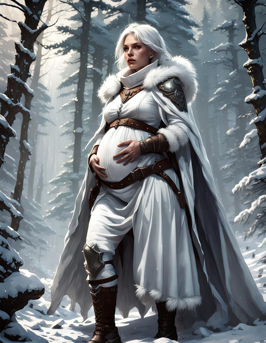 Pregnant Ranger in Snowy Forest: Dark Fantasy Art
