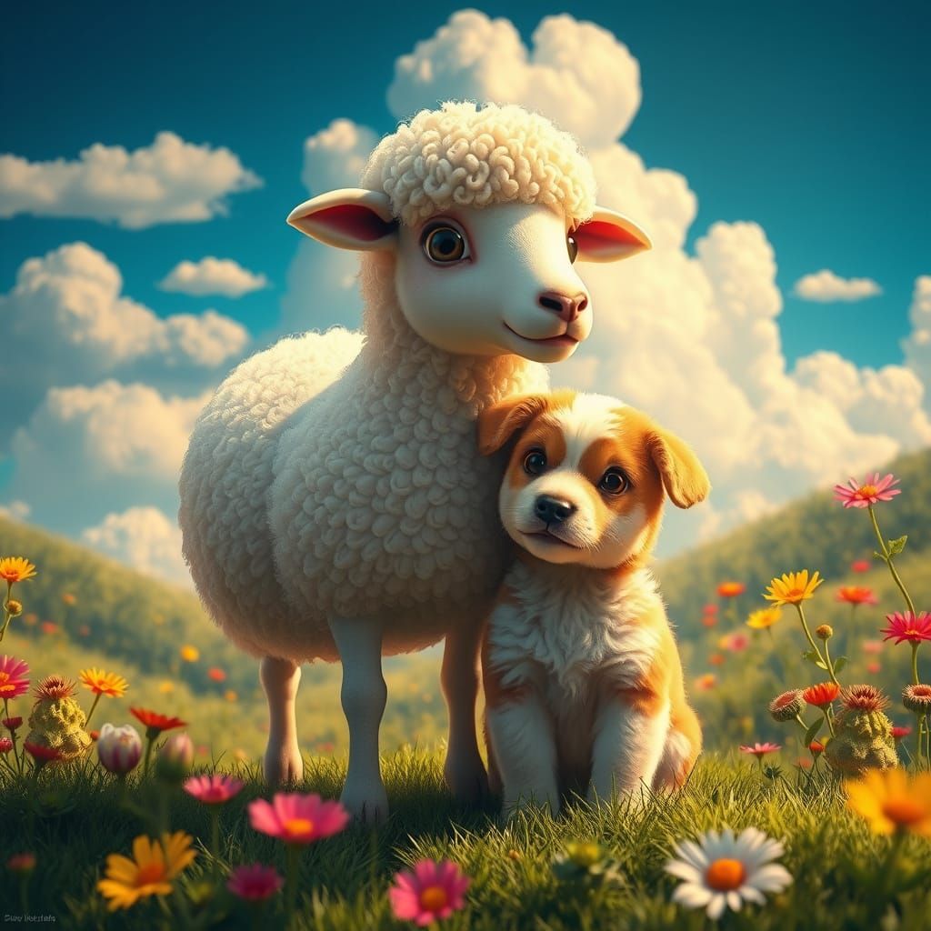 Whimsical Sheep and Puppy in a Fantastical Landscape