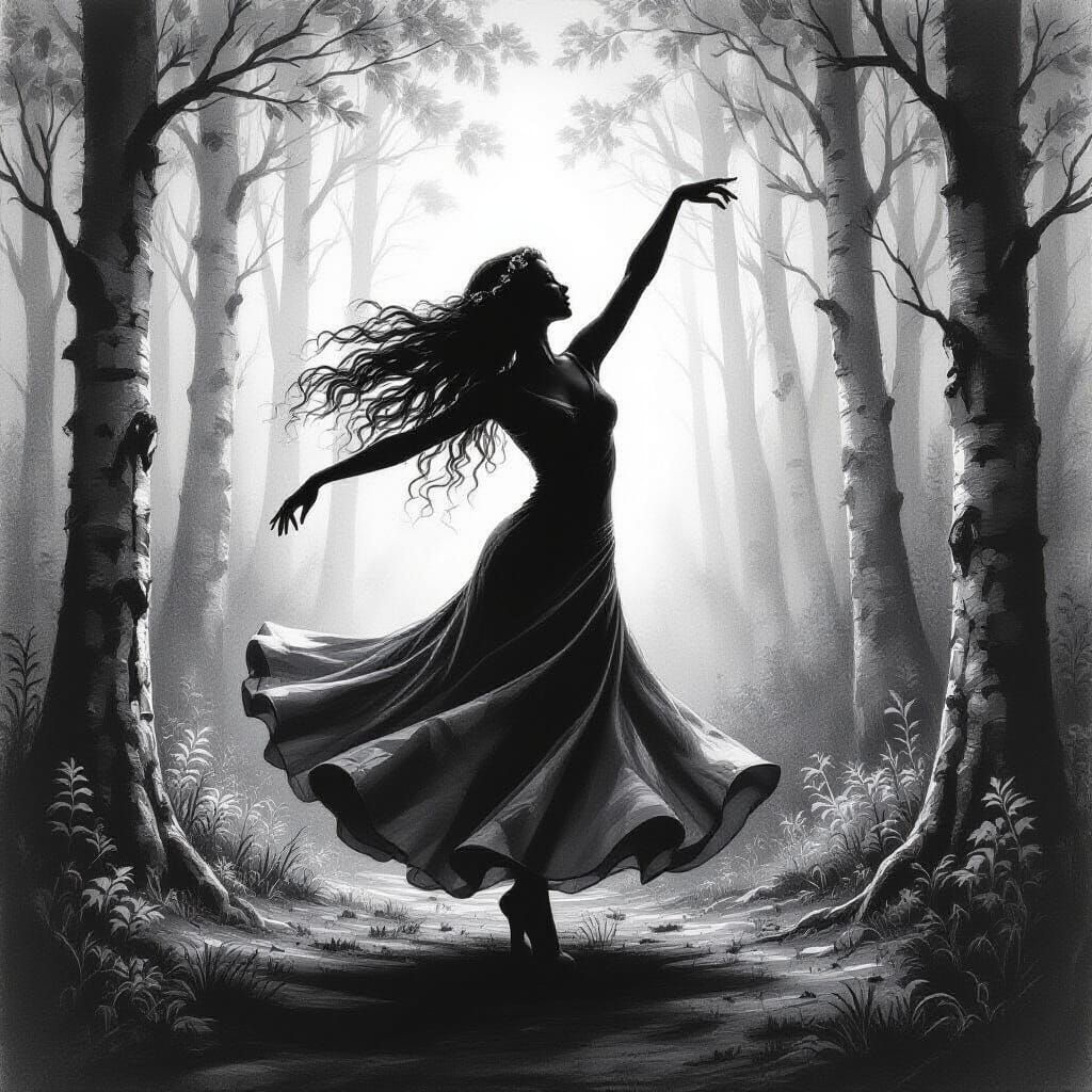 Forest Dancer in Detailed Charcoal Drawing
