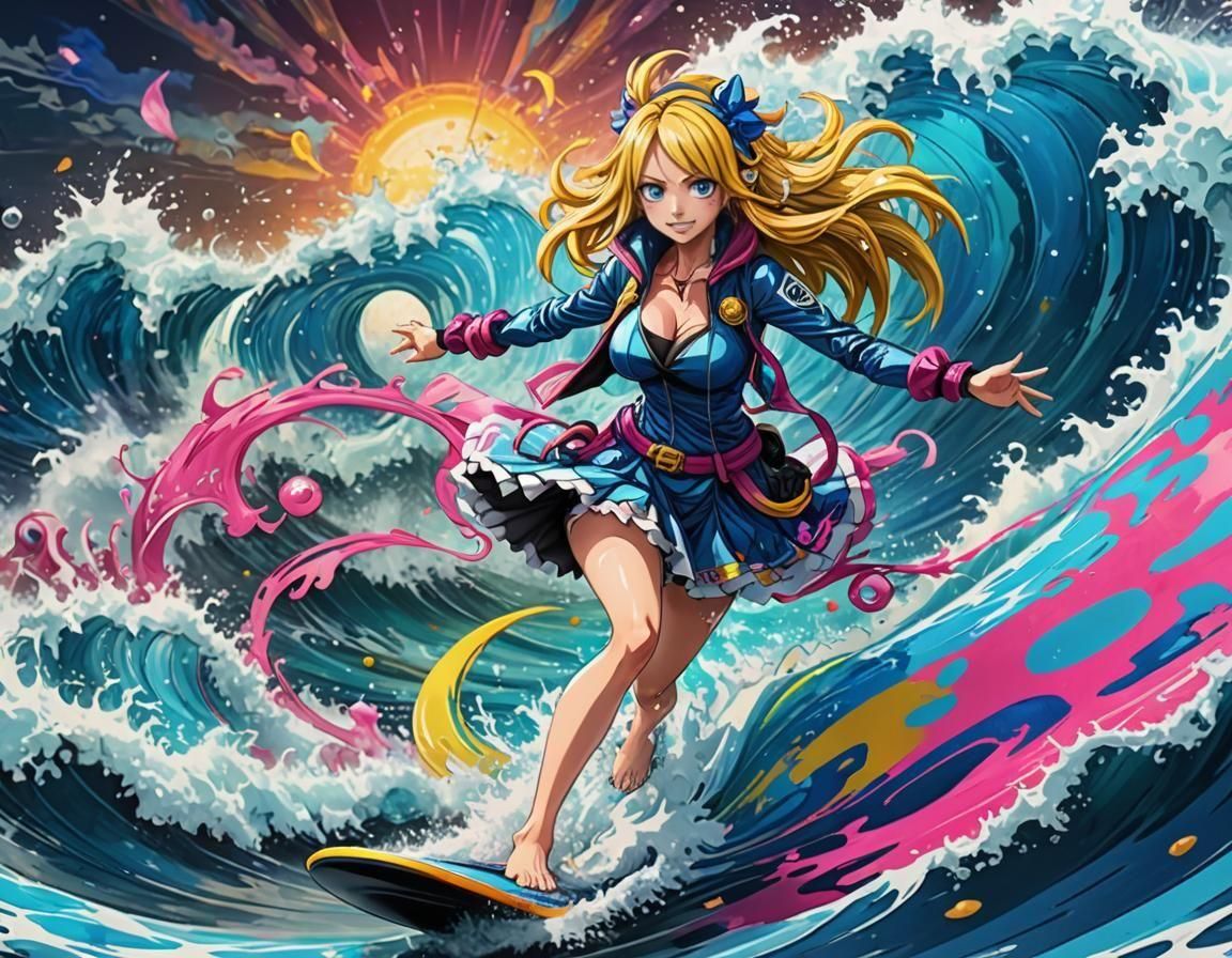 Lucy Heartfilia Rides Vibrant Ocean Waves in Fractal Art Sty...