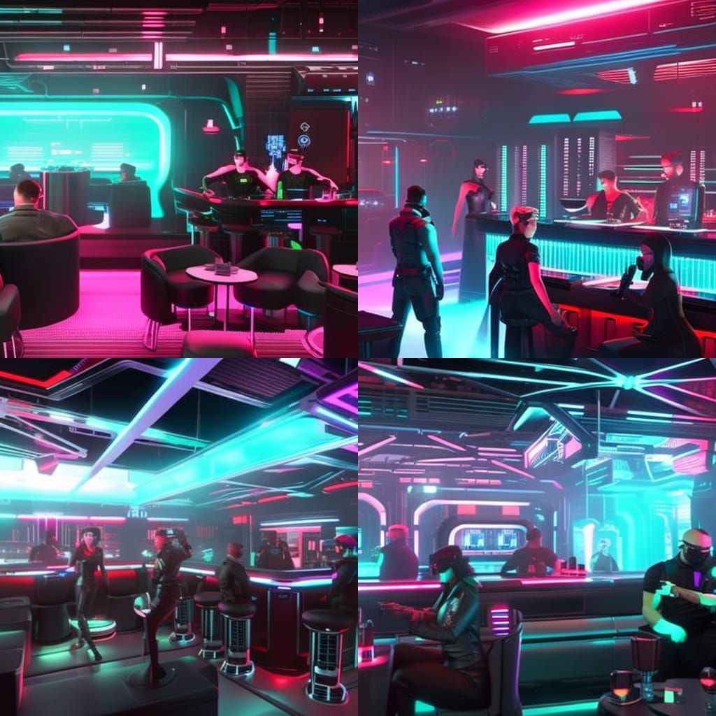 Cyberpunk Bar Scene in Dystopian City with VR Patrons