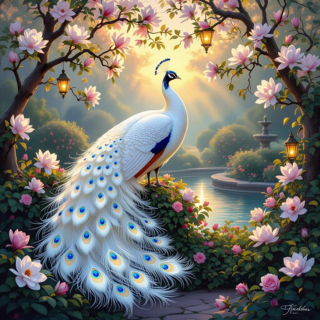 White Peacock in a Lush Garden, Oil Painting