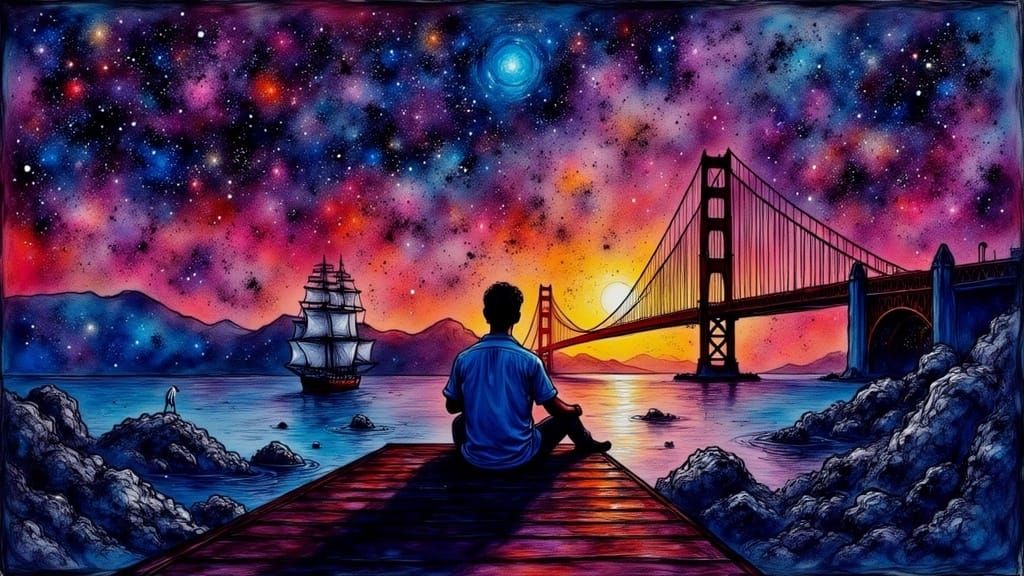 Surreal Futuristic Landscape with Sailing Ships and Golden G...