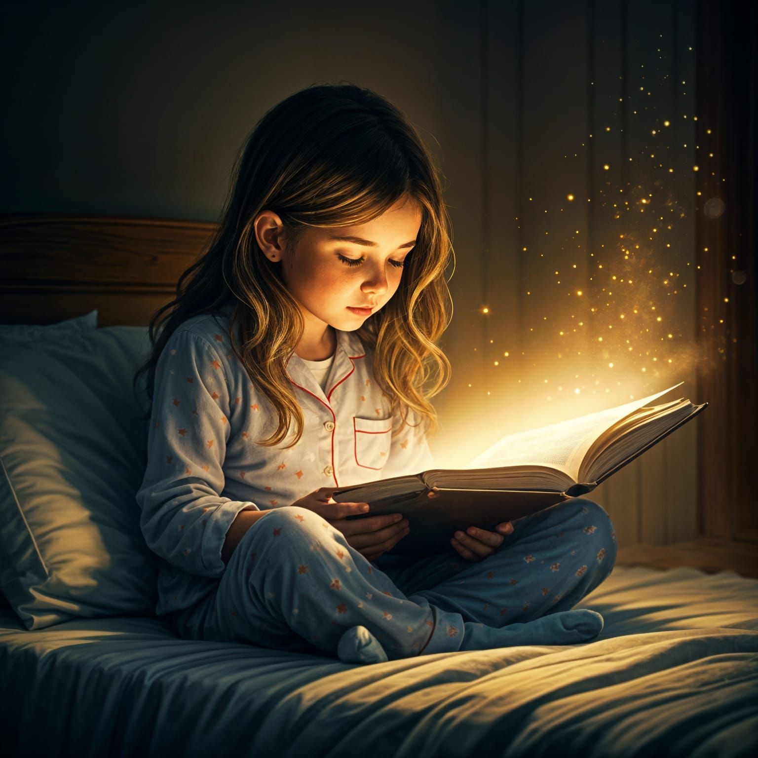 Girl Reading Glowing Book in Bed, Ethereal Art