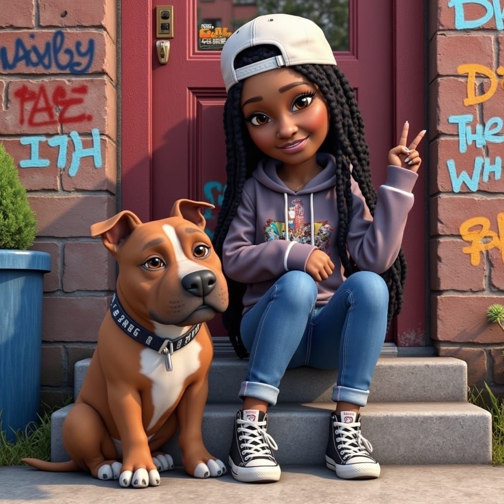 Cartoon Woman with Pit Bull in Urban Scene