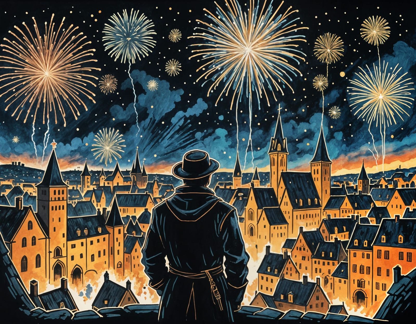 Medieval Cityscape Under Fireworks