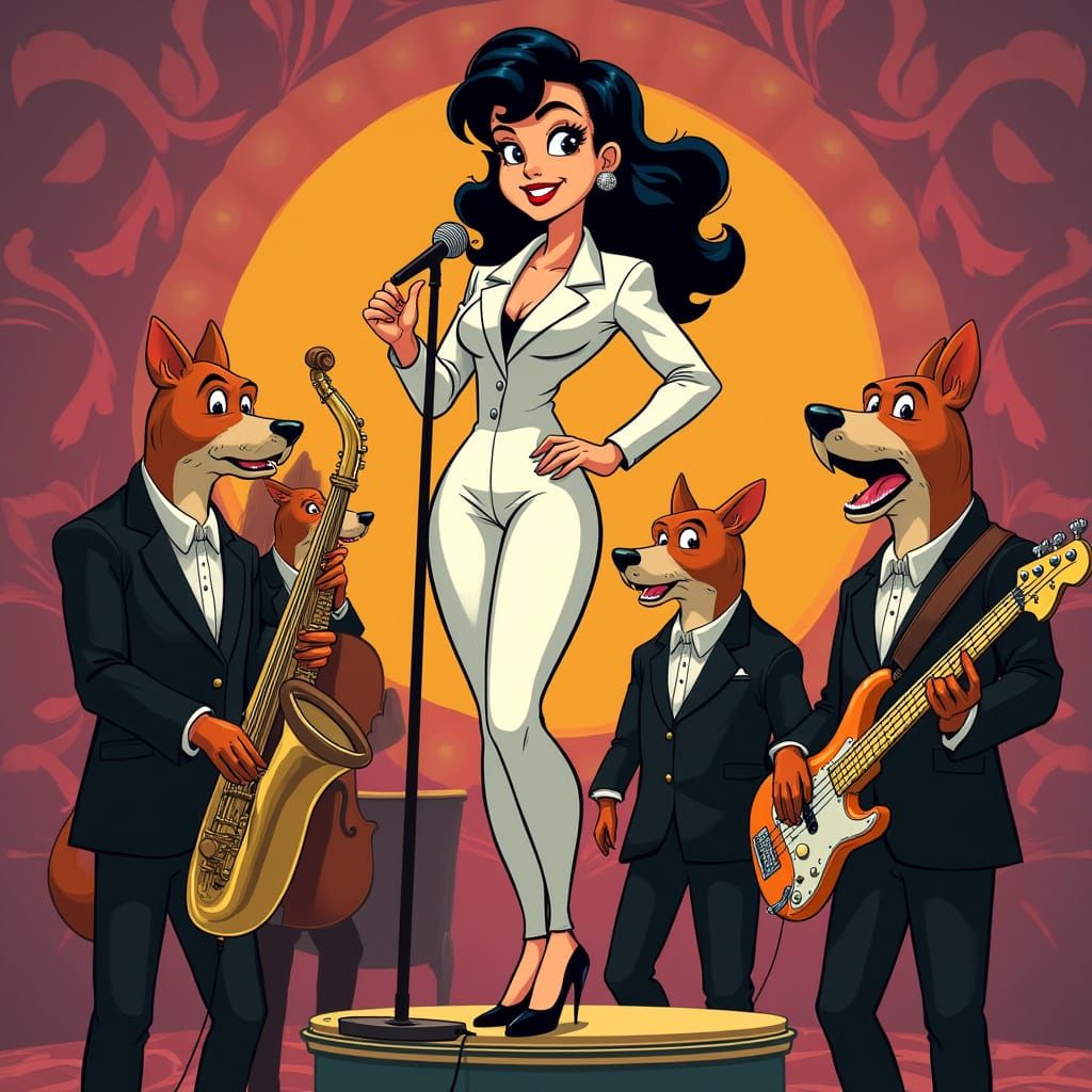 Sultry 60's Cartoon Pin-Up Leads Hound Dog Band in Psychedel...