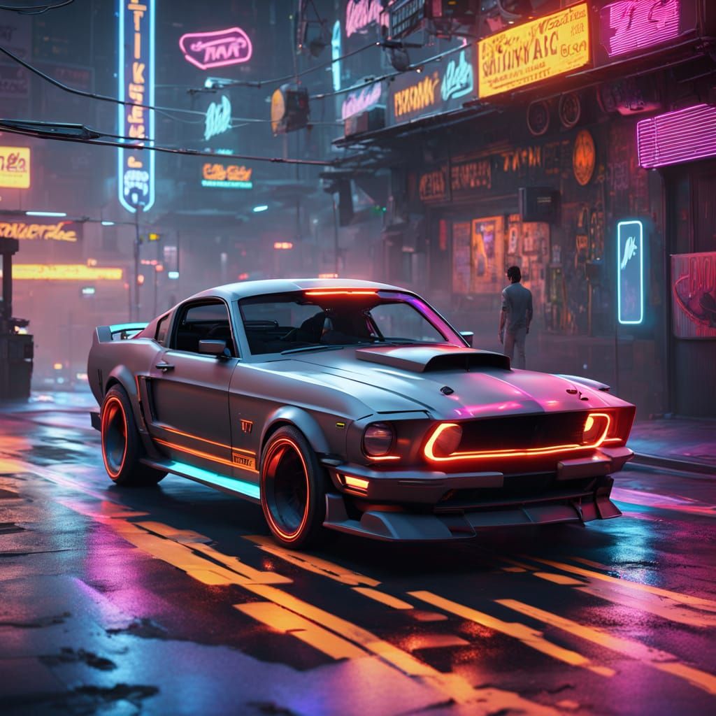 Ford Mustang Drifting Through Cyberpunk City Streets