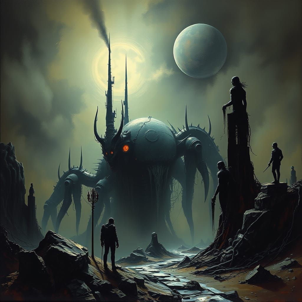 Dark Futuristic Landscape with Ominous Orb