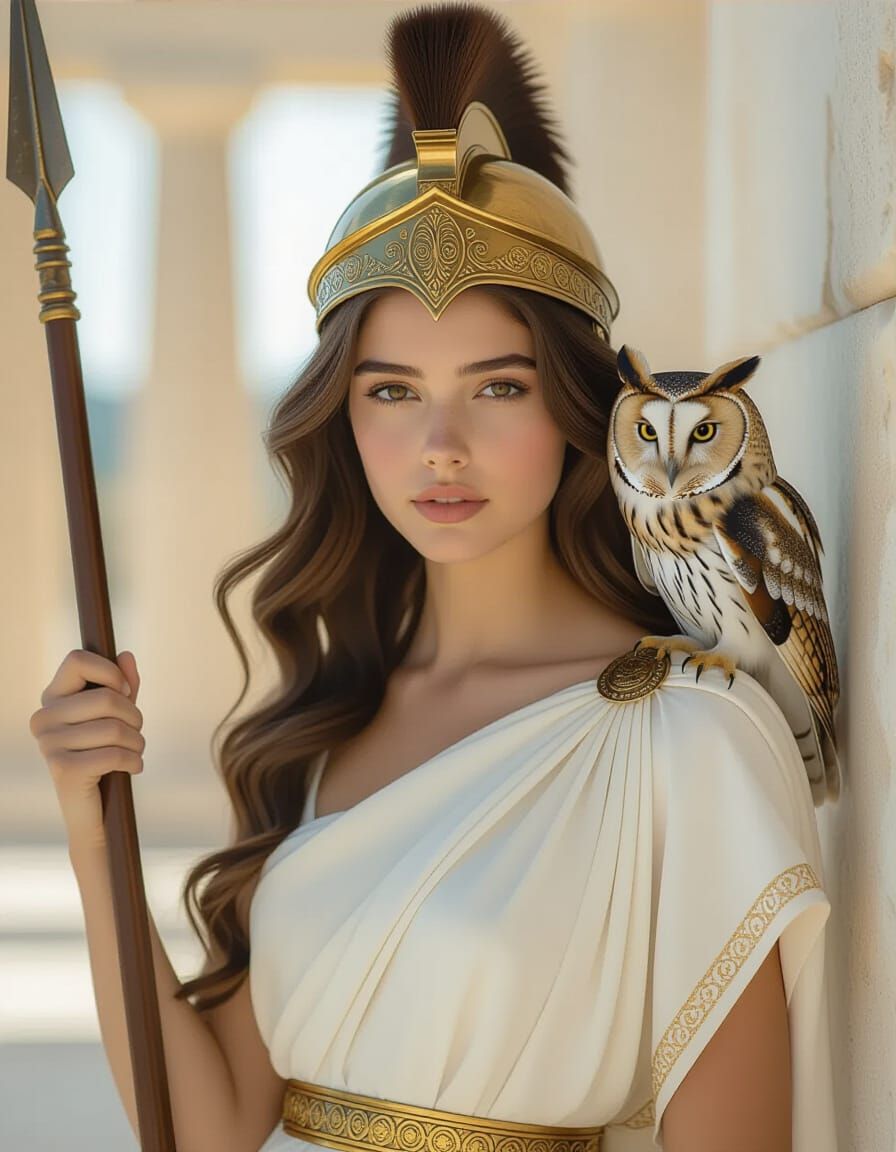 Realistic Portrait of a Greek Goddess with Owl