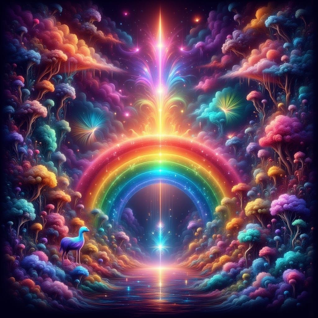 Mystical Dark Fantasy Landscape with Rainbow Colors