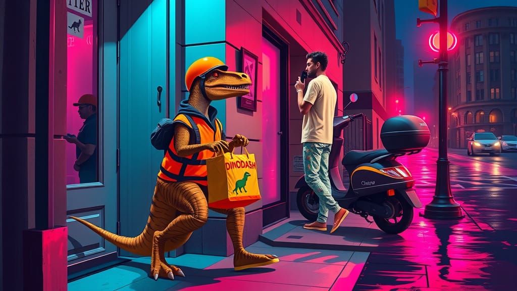 Velociraptor Delivery Rider in Cinematic Urban Scene