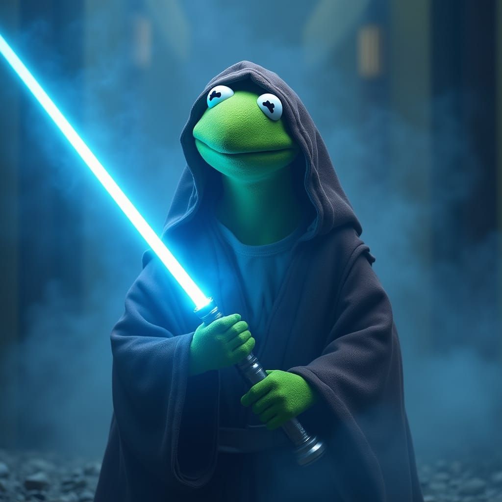 Jedi Muppet Ignites Shimmering Blue Lightsaber
