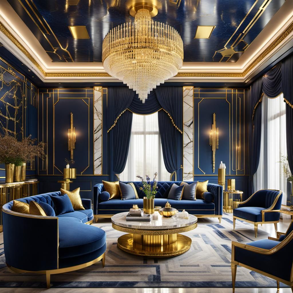 Opulent Art Deco Living Room in Blue and Gold