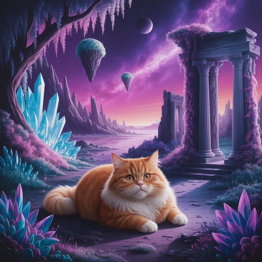 Ginger Cat's Alien Adventure: A Digital Acrylic Painting