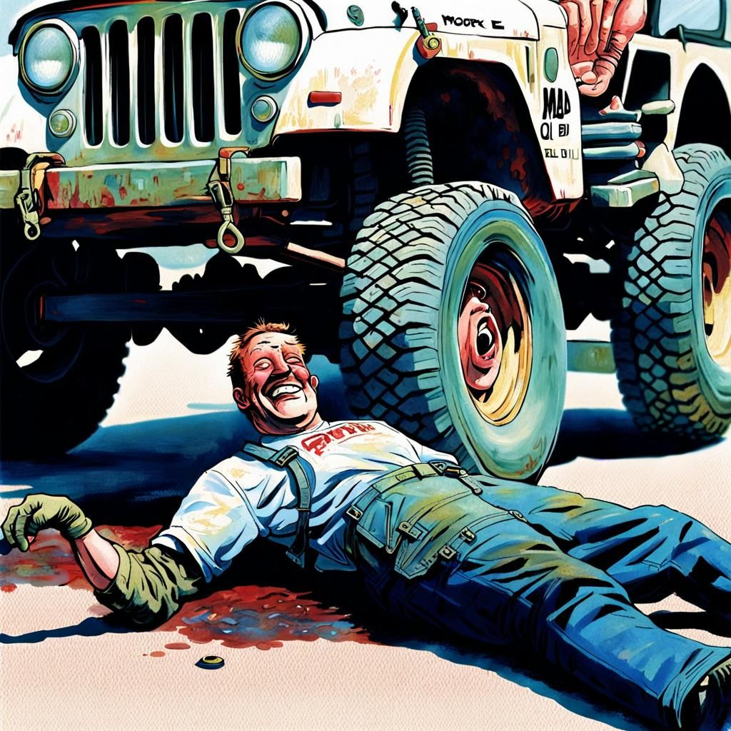 Mechanic's Mishap: Oily Eye in Caricature Style