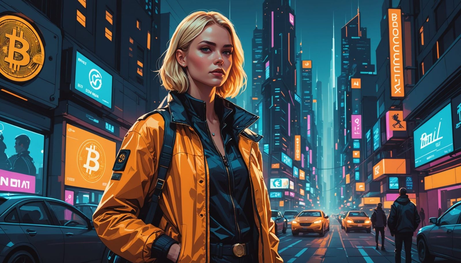 Model Holds Bitcoin in Neon Cyberpunk Cityscape