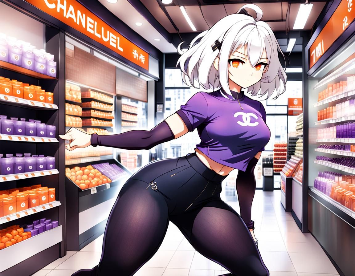 Anime Girl with White Hair in Purple Shirt