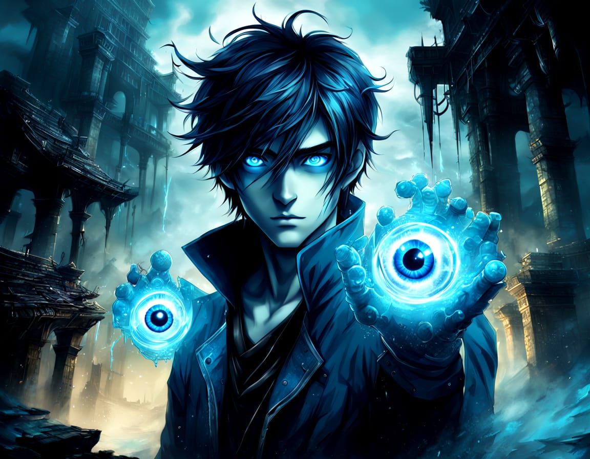 Giant Glowing Eyes in Steam Ruins: Digital Anime Art
