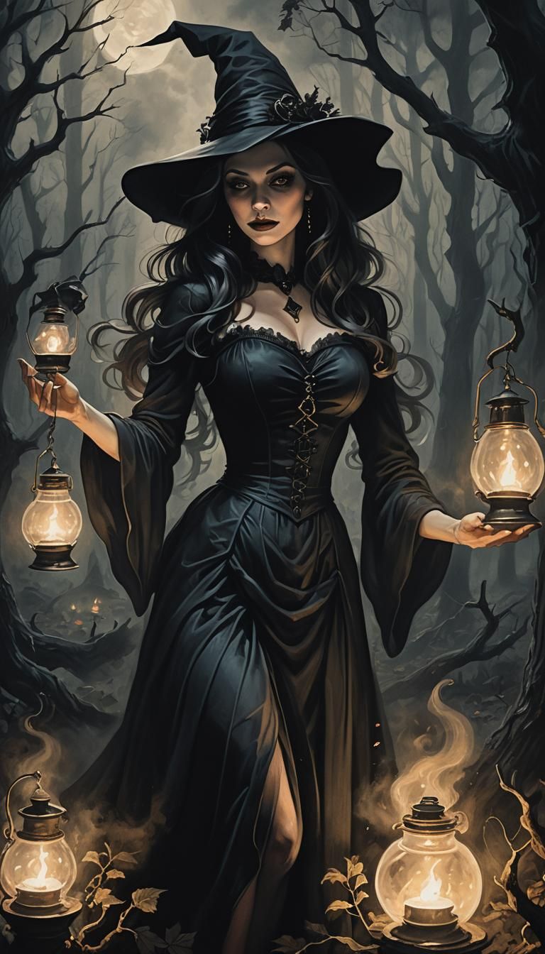 Eerie Witch Pinup in Dark Fantasy Style
