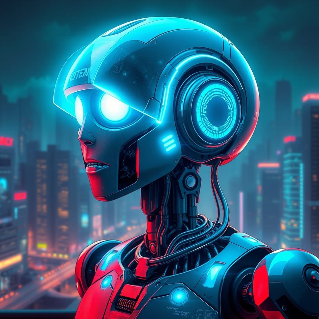 Android Gazing at Dystopian Cityscape in Neon-Noir Style