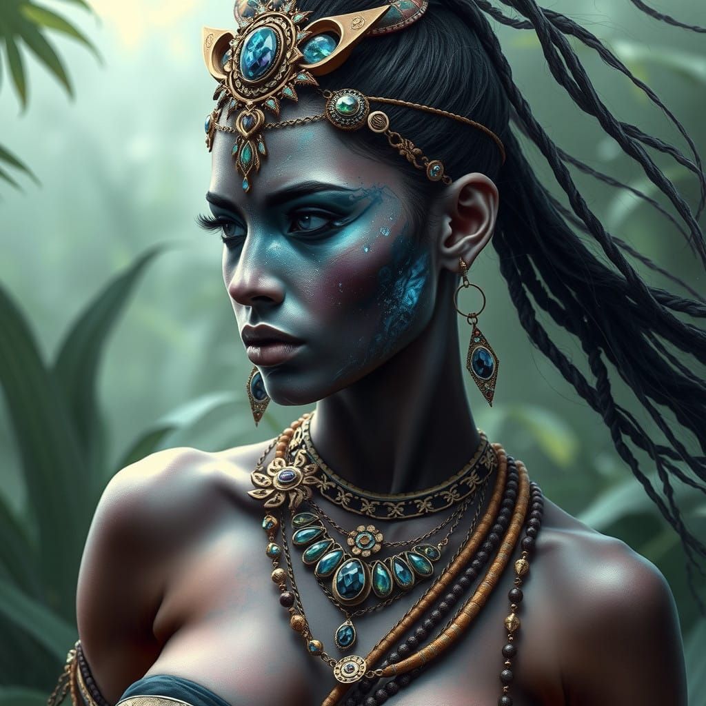 Amazonian Warrior Woman in Luminous Gemstone Hues