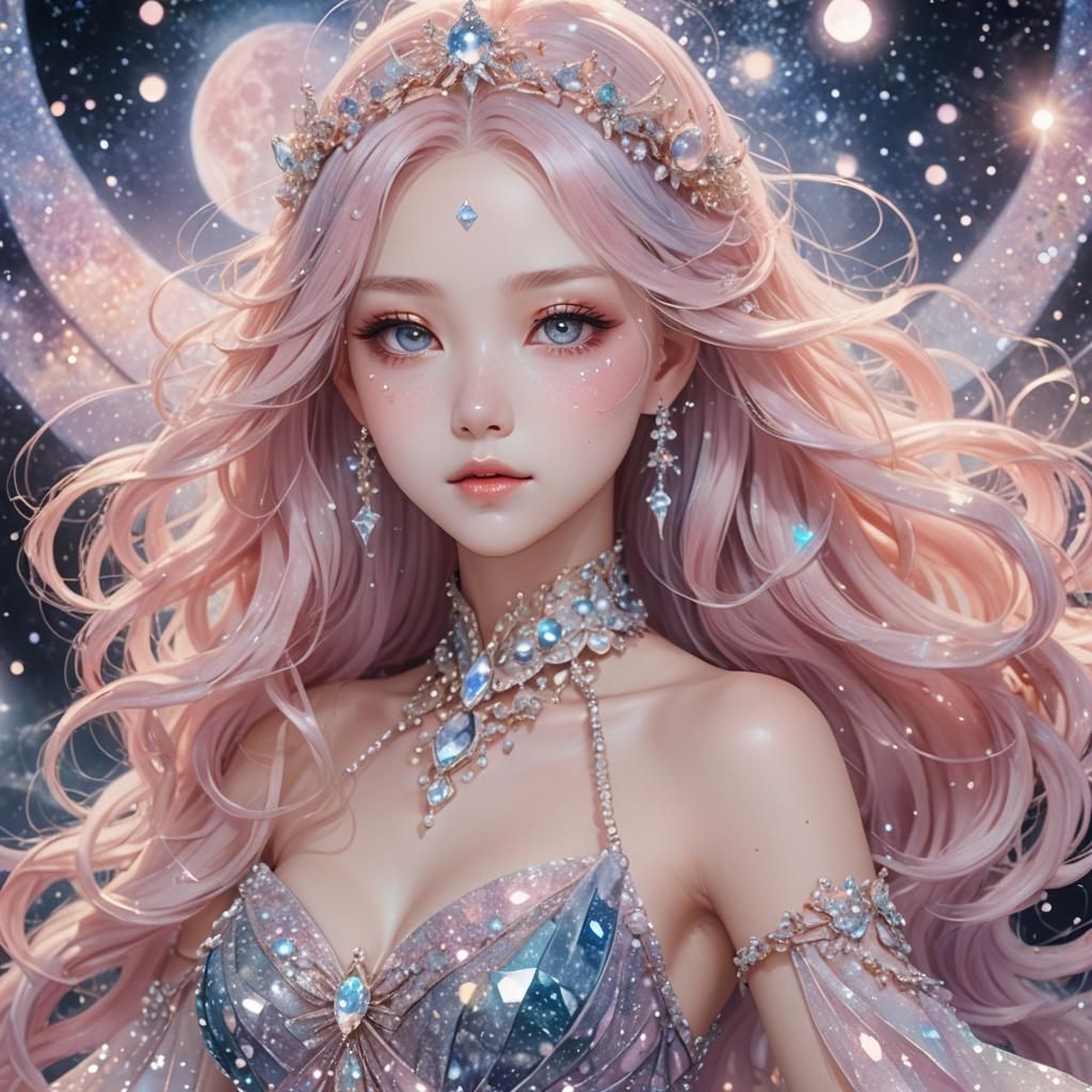 Celestial Woman in Anime Style with Crystal Gown