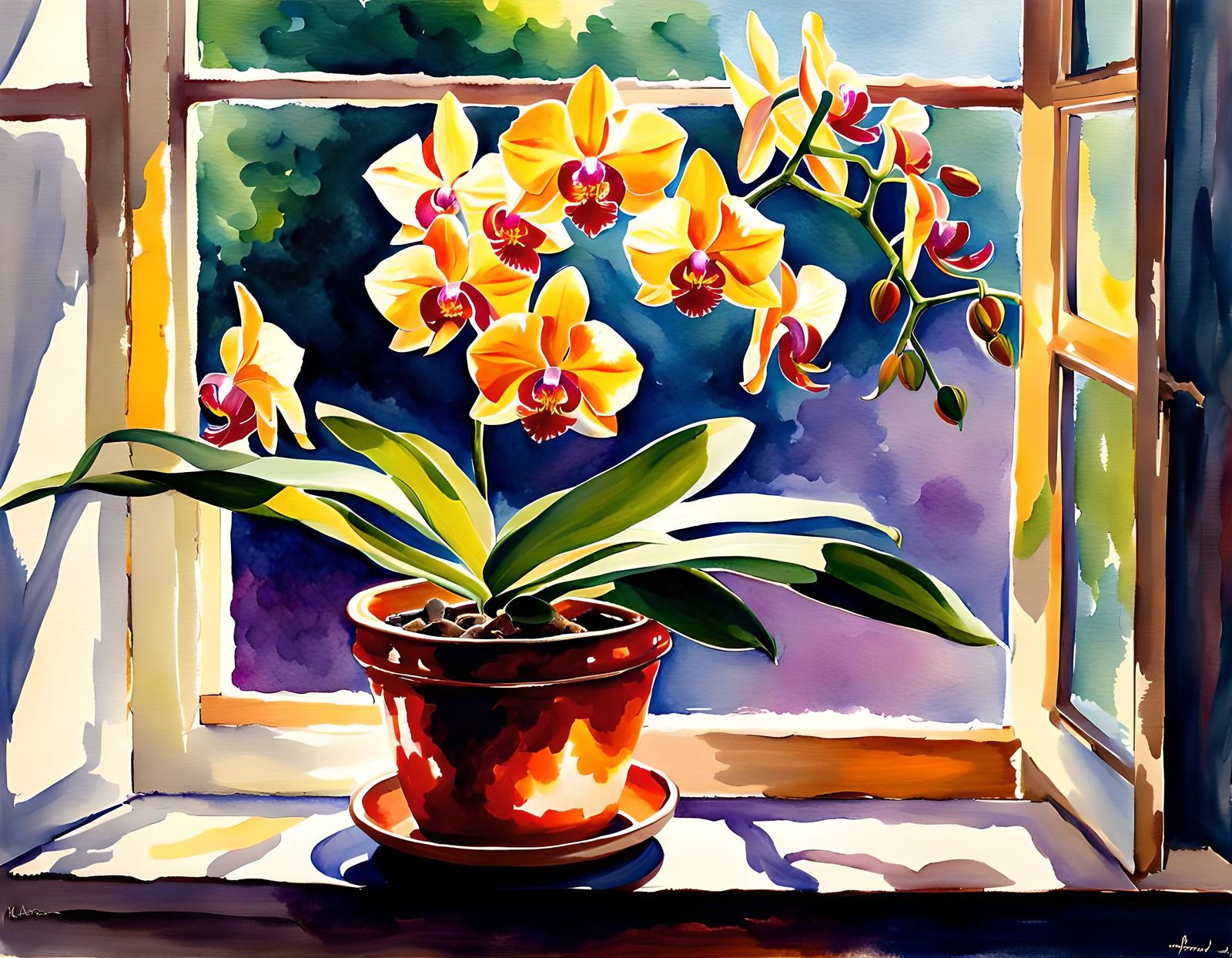 Orchid in Vintage Pot: Watercolor Impressionism