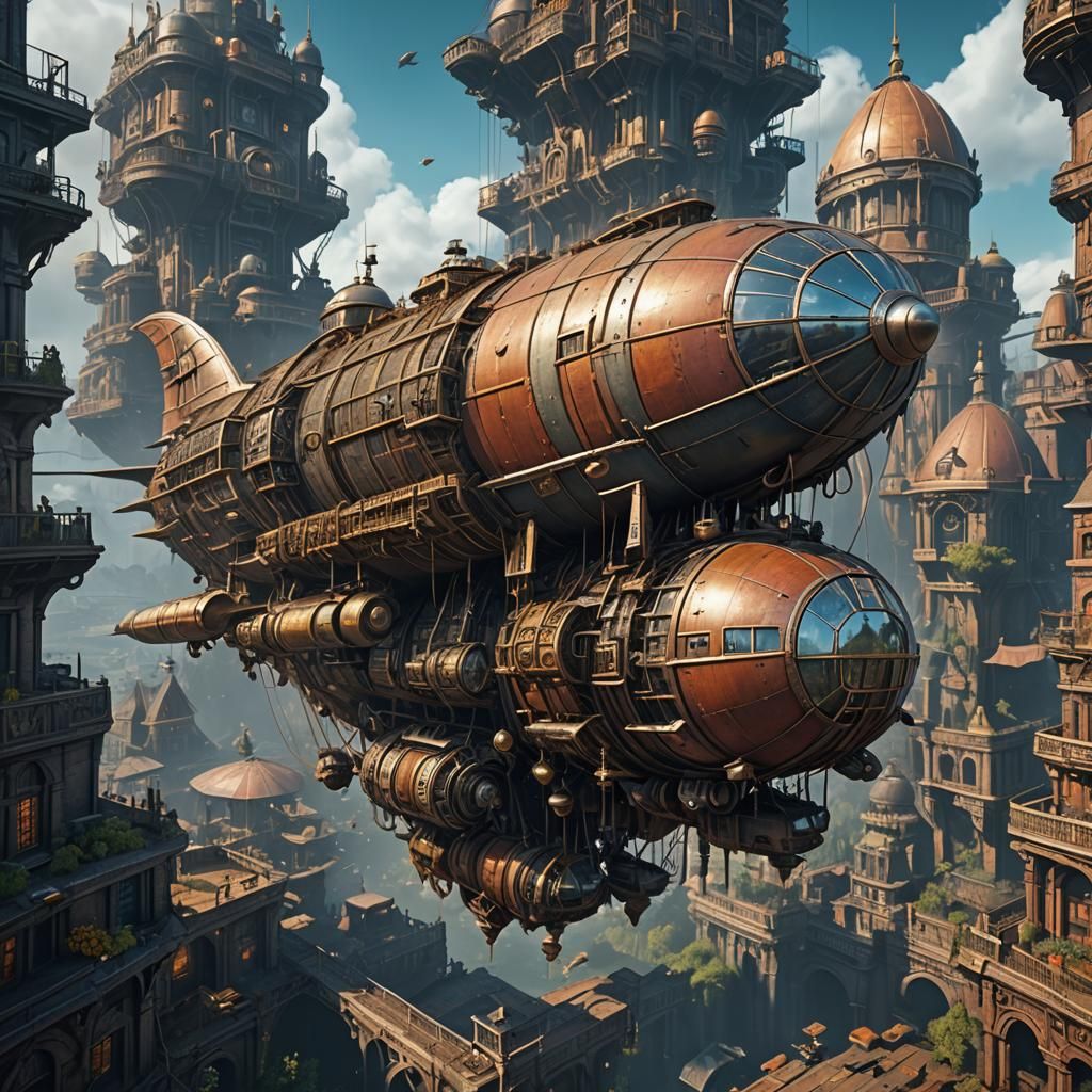 Detailed Biopunk Airship in Fantasy Landscape