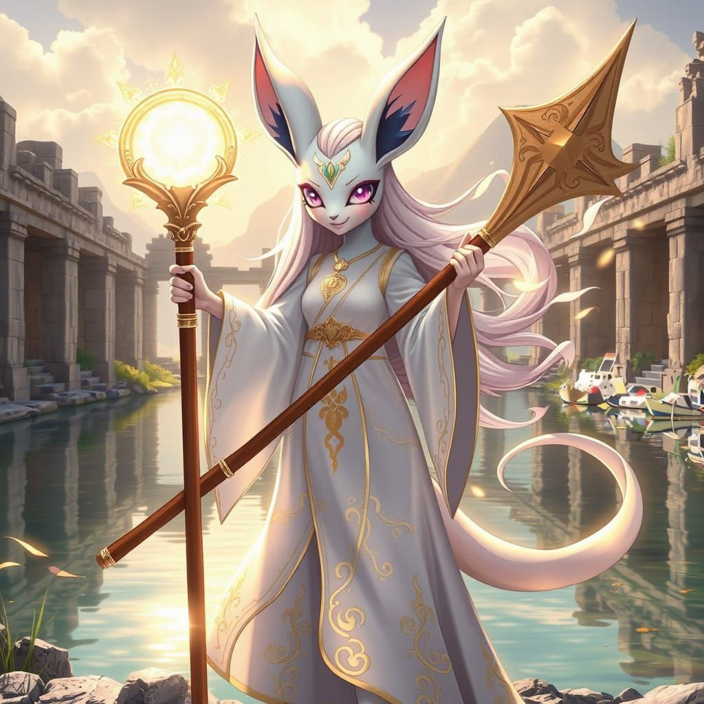 Ethereal White Mage Espeon in a Ruined Sanctuary