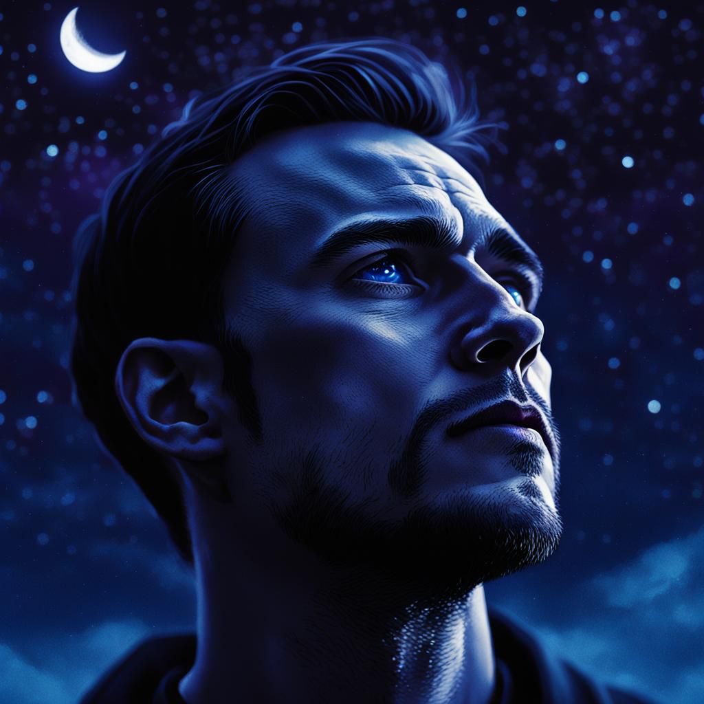 Man with Moon Reflection in Eyes, Dreamy Concept Art