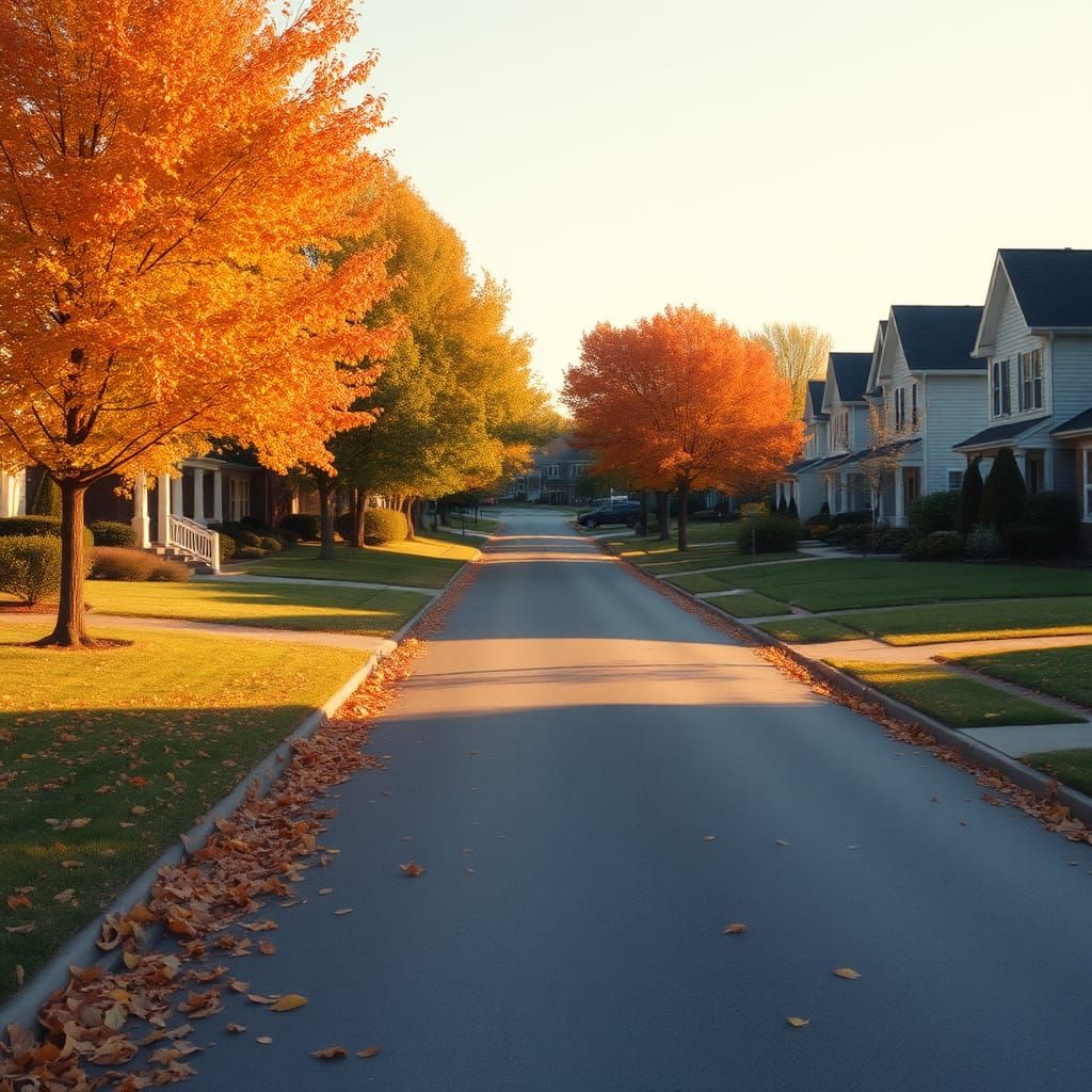 Autumn Morning on Suburban Street as Impressionist Painting