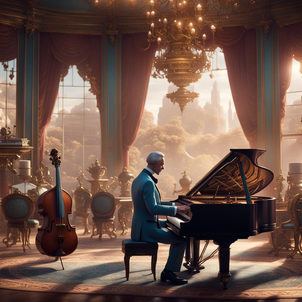 a scene where a human-like butler robot plays a musical instrument to entertain guests.