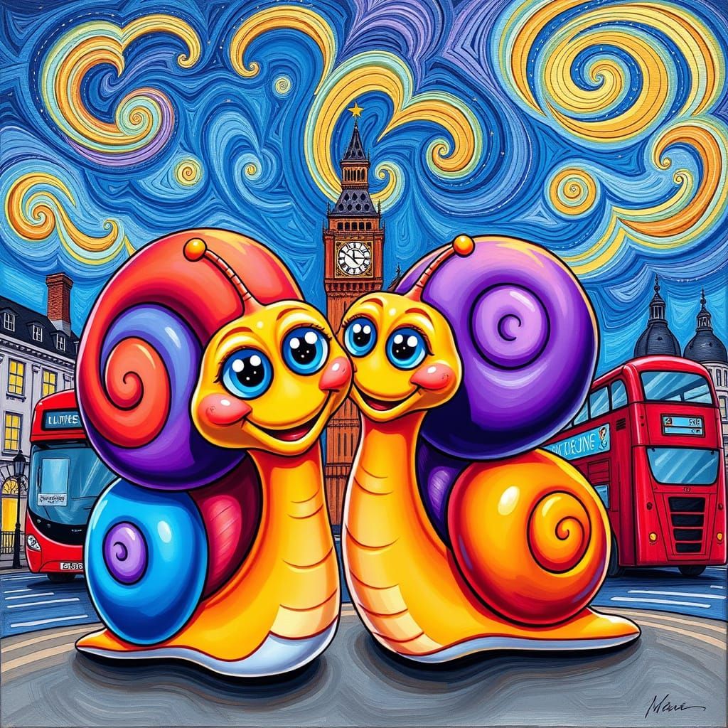 Whimsical Snails in London, 3D Cartoon Style