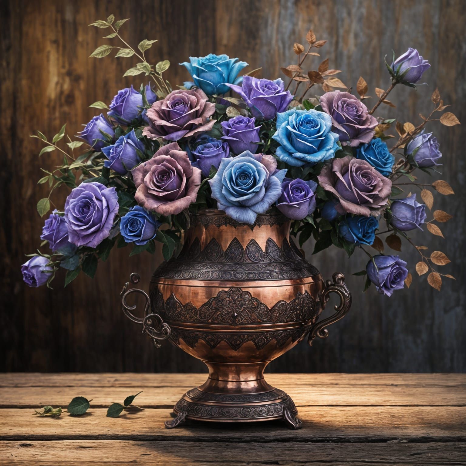 Ornate Copper Vase with Colorful Roses, Hyperrealistic