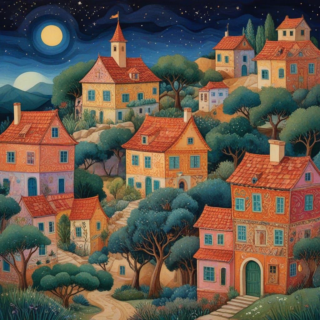 Whimsical Village Scene in Folk Art Style