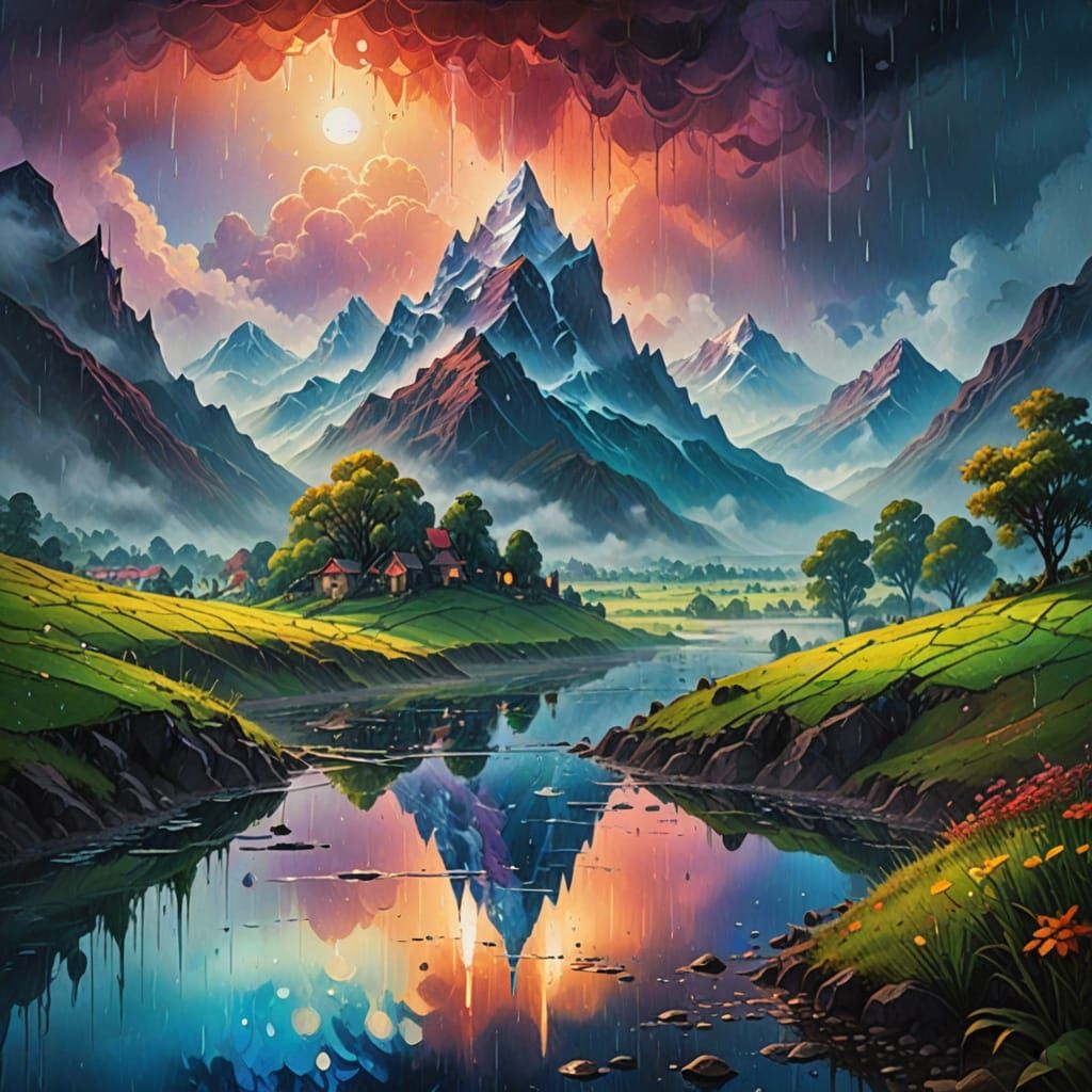 Surreal Raindrop Reflects Fantasy World as Oil Painting