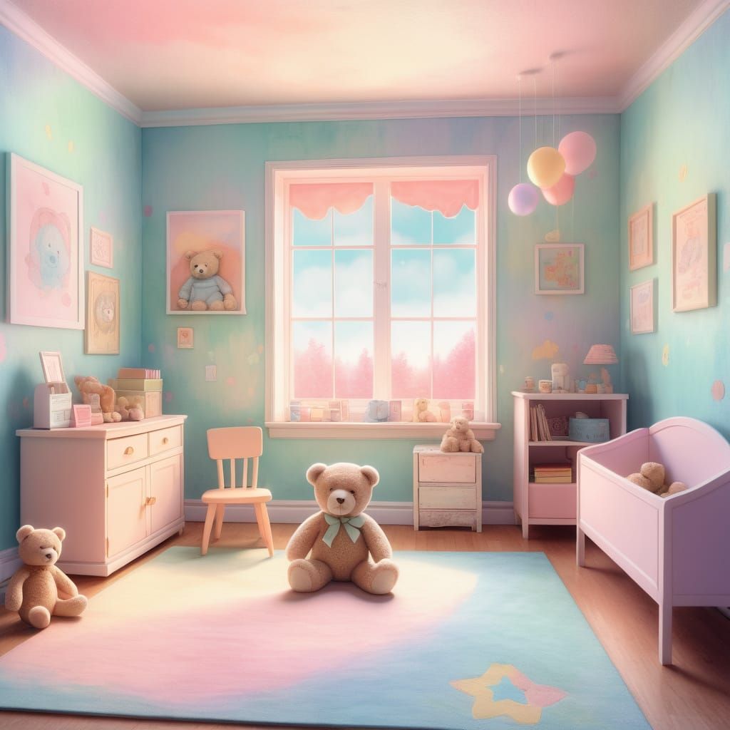 Pastel Kidcore Playroom with Teddy Bear in Watercolor