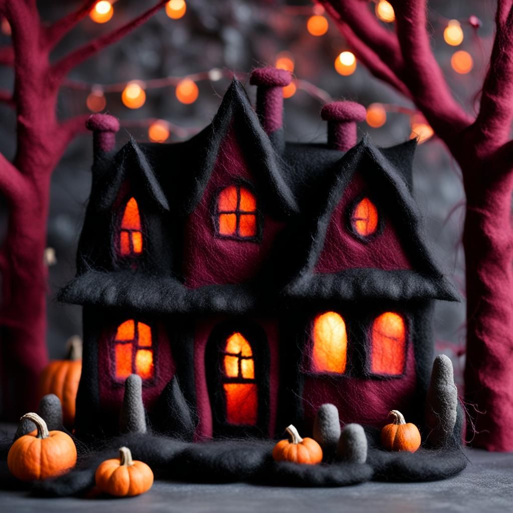 Creepy Felt Burgundy House with Pumpkins