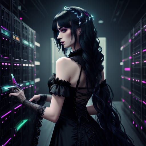 Gothic Cross-Dresser in Server Room: Dark Surrealism