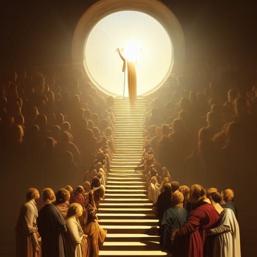 Haloed Man Ascends Golden Stairway: Renaissance Style