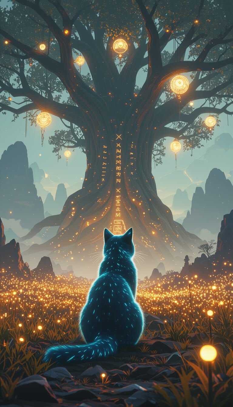 Bioluminescent Cat in Alien Landscape as Matte Painting